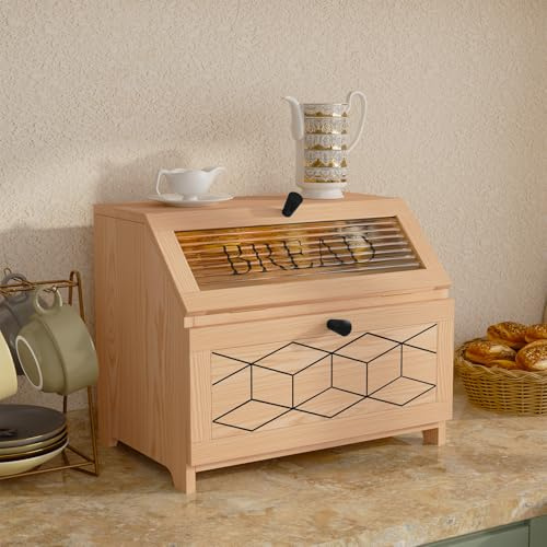 MROJISC Double Bread Bins for Kitchen, Oak Wooden Bread Bin | 2 Tier Breadbin with Glass Window, Large Corner Bread Bin