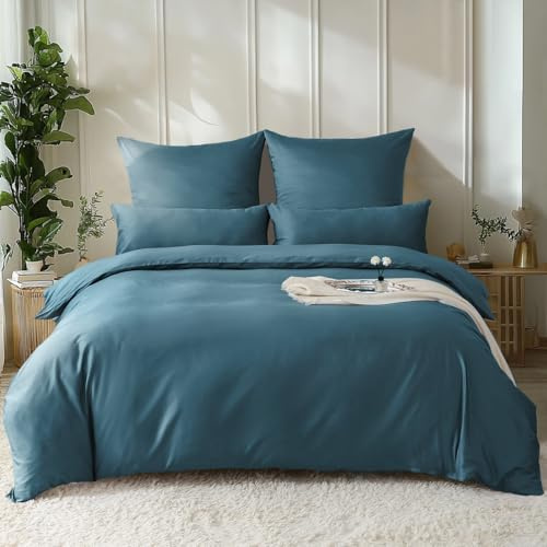 SOULFUL Bettwäsche 155x220 Baumwolle Satin,100% Langstapelige Baumwolle Seidig Luxus Bettwäsche-Set mit Reißverschluss, Oeko-Tex Zertifiziert,1 Bettbezug 155x220 & 1 Kissenbezug 80x80,Pfauenblau