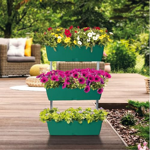 Faboer 3 Tier Green Raised Planter Beds For Garden Vertical Planters Outdoor Free Standing Elevated Raised Beds for Flowers, Herbs & Vegetables – Ideal for Patios & Gardens