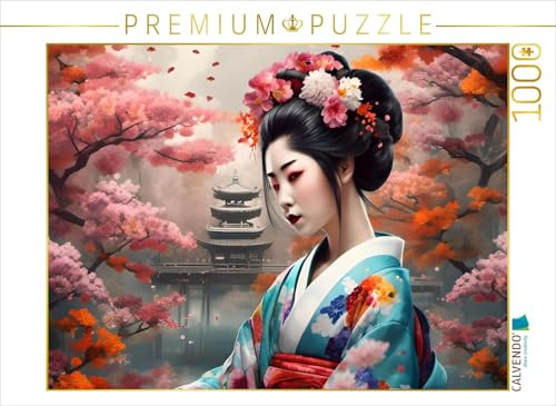 Puzzle · Geisha im Frühling mit Tempel im Hintergrund | KI-erstellte Darstellung einer Geisha in harmonischer Verbindung mit… · 1000 Teile · Lege-Größe 64 × 48 cm · CALVENDO Puzzle