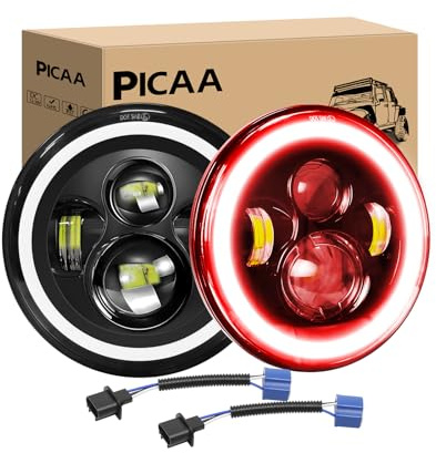PICAA 2 Stück 7 Zoll LED Scheinwerfer für Motorrad mit Rot Halo Blinker | Weißem Tagfahrlicht (DRL) Abblend-/Fernlicht – Kompatibel mit Jeep Wrangler JK TJ CJ LJ Davidson Street Glide