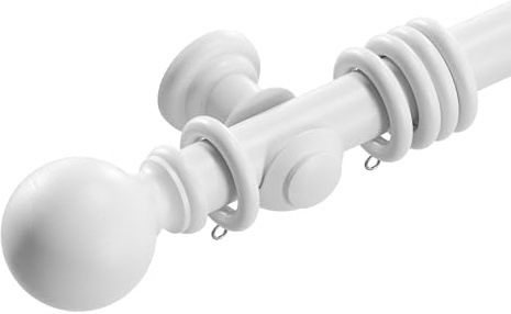 Loch & Skye Wooden Curtain Pole Set - White, 180cm (2x90cm) - 35mm Diameter Fixed Length Beechwood Curtain Rod with Finials, Rings & Brackets - Thick Curtain Poles for Eyelet Curtains and Windows
