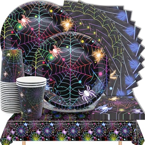 Huaxintoys 61 Piezas Vajilla telaraña de Halloween, Telaraña Juego de Vajilla, Araña Platos de Papel, Halloween fiesta suministros, Infantil platos de papel, Vasos de Papel, ervilletas, mantel