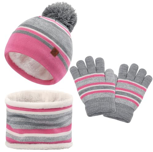 LACOFIA 3 Stück Kinder Mütze Schal Handschuhe Set Jungen Mädchen Strickmütze Beanie Hut Winterset für Kinder 2-7 Jahre