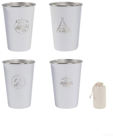 Juego de tazas de café apilables de acero inoxidable de 500 ml, 4 tazas ligeras para exteriores con bolsa de almacenamiento para senderismo y camping (500 ml, blanco)