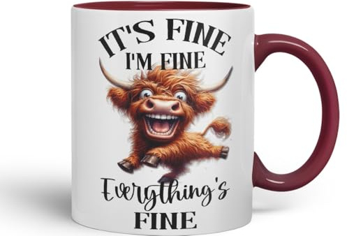 Vixar It's Fine I'm Fine Everything is ..., Highland Cow Scottish Joke Sarcastic Ceramic Coloured Mug Cup 330ml 11Oz FHC2(Maroon)