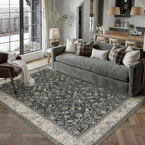 HUGEAR Teppich für Wohnzimmer, Vintage, Blumenmuster, waschbar, 12,7 x 17,8 cm, Schwarz / Beige