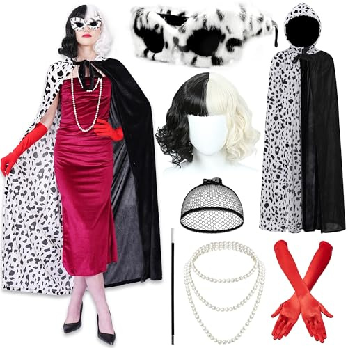 Echehi 7-Teiliges Cruella Devil Kostüm Für Damen, Cruella Kostüm Mit Umhang, Cruella Perücke, Pelzsonnenbrille, Handschuhen, Halskette, Faschingskostüme Damen Für Karneval, Mottopartys Fasching