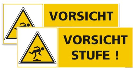 Signalétique.biz France - Set mit 2 - Sicherheitsschild aus PVC „Vorsicht Stufe!“ – Schwarzer Text auf gelbem Hintergrund mit Piktogramm - 350X125 mm
