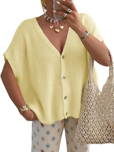 Saodimallsu Chaqueta de punto para mujer, manga corta, cuello en V | Oversized, manga murciélago, chaleco de punto, monocolor, con botones ligeros, sudadera, top