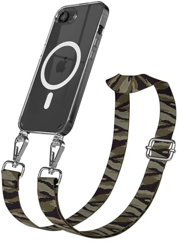 EAZY CASE Handykette - Verstellbares Taschenband kompatibel mit iPhone 16e, Schulterriemen, Handykordel mit Silikon Hülle, Qi Charging kompatibel, Umhängetasche, Grün Camouflage Silber
