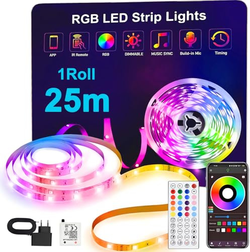 ONSTUY LED Strip 25m,Led Streifen Bluetooth RGB LED Band 25m Selbstklebend mit Fernbedienung und APP,Musik Sync,Farbwechsel LED Lichterkette LED Beleuchtung für Zimmer Party Deko