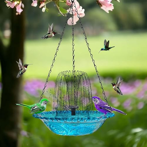 Vogeltränke Solar Brunne für Draussen | Solarbrunnen Vogeltränke Hängend | Vogelbäder Balkon Solar Gartenbrunnen mit Pumpe Glasschale | Kolibre Brunne Bäder Vogel Dusche für Gartendekoration