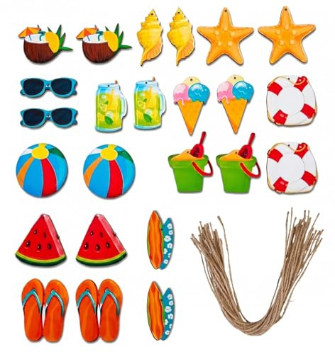 SOLVIO Summer Tree Decorations Hanging Wooden Ornaments - 24Pcs Party Hanging Ornaments for Home, Tropical Beach Party Supplies, Summer Festival Decor with String