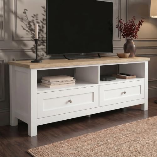 Blisswood TV Unit for 40–50 Inch TVs, White Painted Wooden TV Stand & Console with 2 Drawers & 2 Open Shelves, 120cm Entertainment Unit Cabinet for Living Room Bedroom, Space Saving