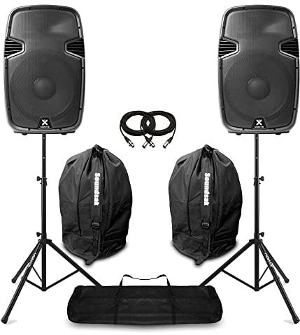 Vonyx SPJ1500ABT 15 Bluetooth Active DJ Speaker Pair with Stands & Bags - 1600W Powered PA System, USB/SD MP3 Playback, XLR Cables, Mobile DJ and Events Sound Setup
