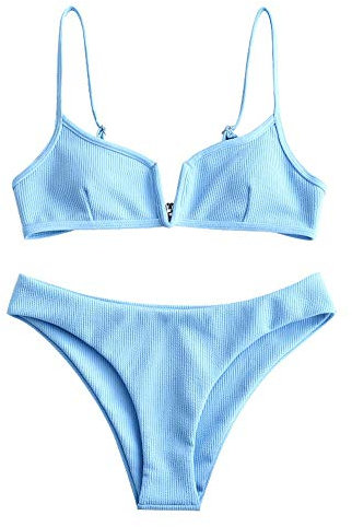 ZAFUL Set Bikini da Donna a V, Costume da Bagno in 2 Pezzi Tessuto a Costine Nodo Posteriore Singolo Colore (Blu-Modello 2, S (EU.36))