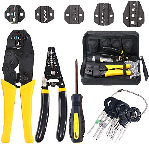 Hilitchi 4 Pc Wire Crimping Tool Kit with 5 Interchangeable Dies, Wire Cutter/Stripper, Screwdriver, Terminal Removal Tool Key for Insulated & Non-insulated Terminals or Ferrules