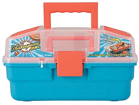 Shakespeare Cosmic Angelbox für Kinder – Aufbewahrungskiste mit auslaufsicherem Tablett und 27-teiligem Angelgerät einschließlich Schwimmer, Haken, Köder, Orange