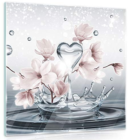 Forwall - Leinwand Bilder - Magnolie Blumen Wassertropfen Herz - 50x50 cm Leinwandbilder - Bild auf leinwand - Wandbild XXL groß Wandbilder für Wohnzimmer Schlafzimmer Wohnzimmerbilder Modern