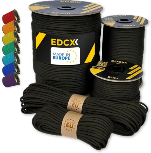 EdcX Paracord 550 4mm, 35+ Solid Colors (10m, 15m, 30m, 50m, 100m, 300m) | Army Green, 300 m – 100% Nylon Rope 4mm, Type III 7 strand | Survival, Camping, Bushcraft, Crafts | Made in EU
