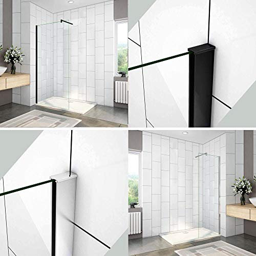Walk In Parete per Doccia Vetro Temperato Trasparente Anticalcare 8mm Barra Stabilizzatrice da 90 cm e telaio nero opaco 80x200cm