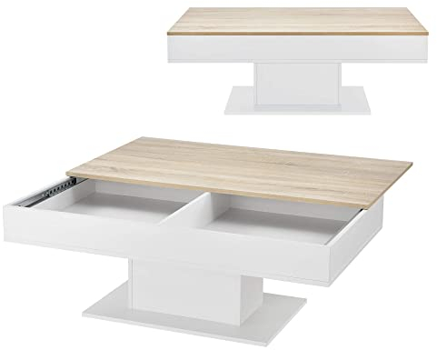 [en.casa] Couchtisch Lünen Wohnzimmertisch mit Stauraum Truhentisch Sofatisch mit ausziehbarer Tischplatte rechteckig 2 Staufächer 40 x 110 x 60 cm Eicheoptik/Weiß