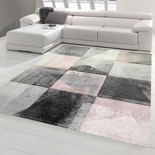 Moderner Teppich Wohnzimmer abstraktes Karomuster in grau rosa Creme Größe 140x200 cm