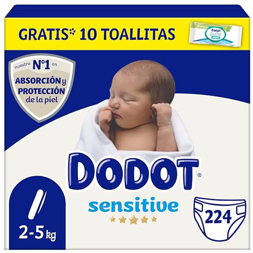 Dodot Pañales Bebé Sensitive, Talla 1 (2-5 kg), 224 Pañales + Regalo de 40 Toallitas Aqua Pure 99% Agua, Hasta 12 h De Protección Antifugas y Cuidado de la Piel, Pack Mensual
