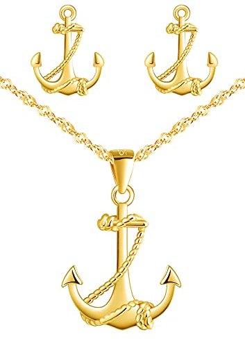 Yumilok Kette Damen Halskette Ohrringe Schmuckset 925 Sterling Silber mit Anker Anhänger für Damen Kinder Gold