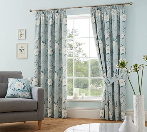 Dreams & Drapes - Duck Egg Floral Curtains - W90 x L72 (229 x 183cm) - 2x Panels - 100% Cotton - 2x Tie Backs - White Flowers Pencil Pleat Curtains & Drapes for Bedroom/Living Room - Vintage