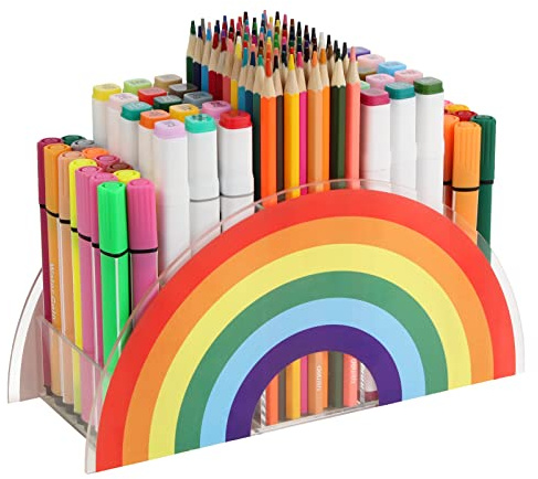 Flytreal Pot à crayons en acrylique transparent - Organiseur de bureau arc-en-ciel pour la maison et le bureau - Organiseur de bureau d'angle pour femmes, enfants, étudiants, fournitures scolaires