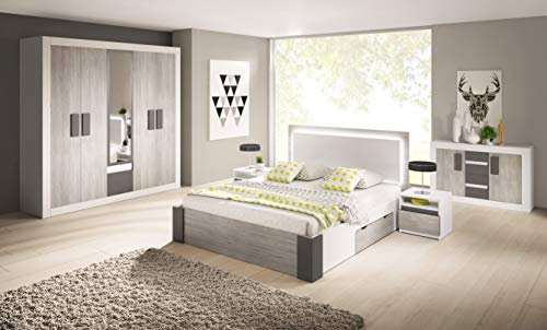 Fabryka Mebli Idźczak Schlafzimmer-Set Komplett - Helios III 230 Bettgestell - Kleiderschrank mit Spiegel, Kommode, Nachttisch - Innovativ, Stilvoll, Modern mit Fantasy-Matratze - Weiß/Kathult+Grau