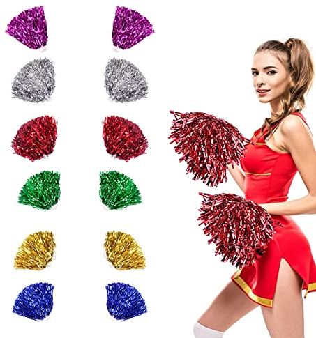 Srup 12 Stücke Cheerleader Pompons, Pompons Cheerleader, Pompons Bälle für Kinder, Teamgeist, Meet, Cheerleader, Cheerleader Puschel mit Kunststoffring für Party, Tanzbedarf(6 Farben)