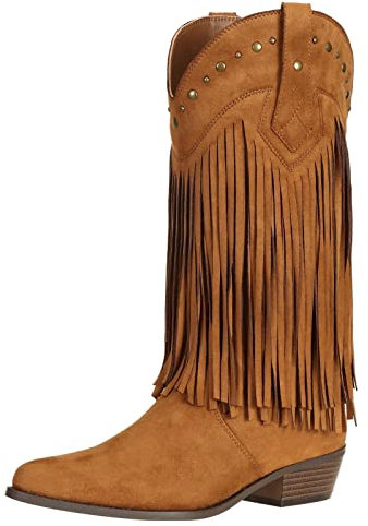 SheSole ladies Fringe Cowboy Boots for Women Riding Wide Calf Brown UK 6