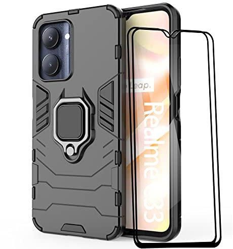 ESTH® Funda para Realme C33 con 2 Piezas Protector de Pantalla, Giratorio Soporte de 360°, Compatible con Soporte Magnético para Coche, Carcasa Negro