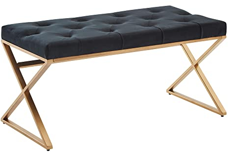 Wohnling Sitzbank Samt Schwarz 90x46x44 cm Flur Polsterbank mit Metallgestell, Bettbank Schlafzimmer Chesterfield Design, Flurbank Garderobenbank Modern