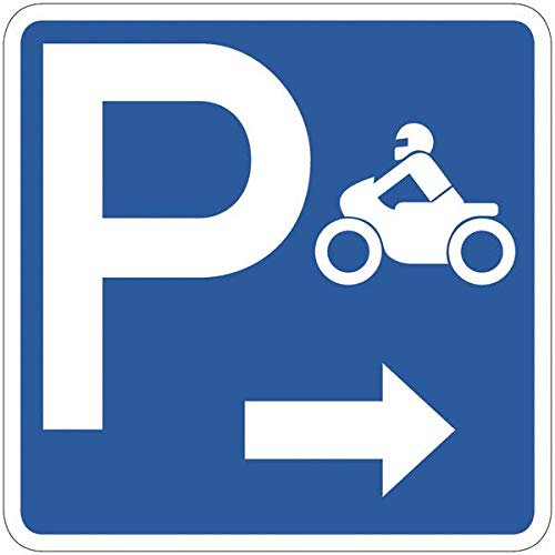 CARTELLO SEGNALETICO QUADRATA ISO 7010 - Parcheggio moto - freccia a destra - Adesivo Extra Resistente, Pannello in Forex, Pannello In Alluminio (PANNELLO IN ALLUMINIO 30 CM)