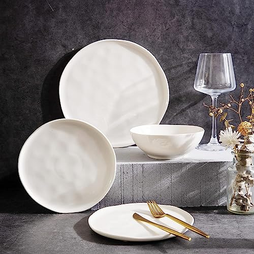 LERATIO Set di 4 piatti e ciotole in ceramica con bordo ondulato, forno a microonde, lavastoviglie e forno, leggero e resistente ai graffi, servizio per 4 (12 pezzi) - bianco