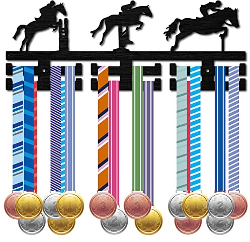 CREATCABIN Horsemanship Medaillenhalter Reitsport Hürden Medaille Sport Medaillenaufhänger Display Wandregal Montierte Haken Über 30 Medaillen Aus Holz Für Sportler Champions Schwarz 40x15cm