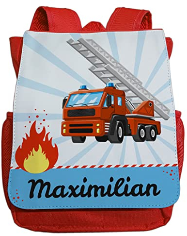 minimutz Kindergartenrucksack Jungen personalisiert mit Namen | Kinder-Rucksack Feuerwehr Auto und Flamme für Kinder | Kleiner Freizeitrucksack Kinderrucksack Kita Kindergarten 2-5 Jahre (rot)