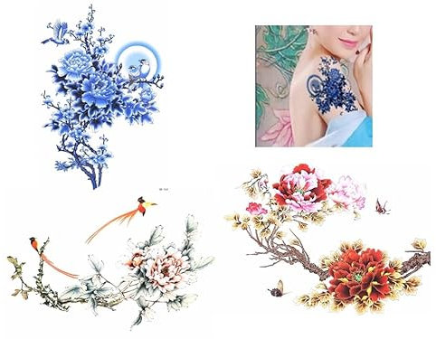 Lot de 3 tatouages temporaires de roses chinoises - 3 feuilles de tatouage