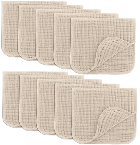 Comfy Cubs Muslin Burp Cloths 50x25cm 10 Pack Baby Burp Cloths - Sand | Large 6-Layer Ultra-Absorbent 100% Muslin Cotton for Drool & Messes - Safe & Gentle Burping Cloths for Babies Boys & Girls