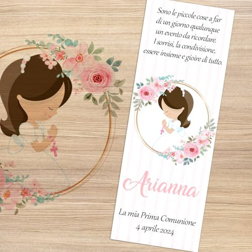Cormar Bigliettino Bomboniera Battesimo Personalizzato – Kit da 60 Pezzi, Segnaposto con Nome, Idea Originale e Raffinata per Ricordo Battesimo Bimba (COMUNIONE ROSA)