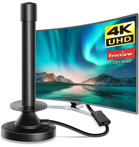 TV Aerial Indoor - Digital Indoor TV Aerial for TV, Freeview Aerial Indoor UK with Booster, 360°& 250+ Miles Long Range Reception & Strong Magnetic Base Support 4K 1080P All Local Channels