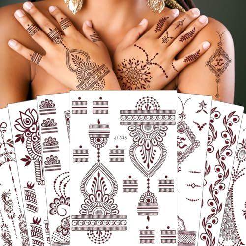 XMASIR 12 Feuilles Tatouage Temporaire pour Femme Filles, Faux Tatouage Ephemere Mandala Fleur Tatouage Autocollant Indienne Taouages pour Mariage Main Art