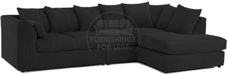 New Luxor Long Fabric Corner Sofa | Soft Jumbo Cord 4-5 Seater Corner Sofa Left hand or Right Hand (Black, Right Hand Facing - Scatter Back)