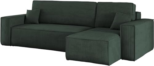 Kaiser Möbel, Ecksofa mit schlaffunktion, mit Bettkasten, Schlafsofa Best, Designer Sofa, Modern Design Couch, Polsterecke, Freistehend, Dicker Cord, Grün Rechts
