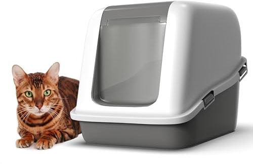 Ella Comfort Cat Litter Box Enclosure with Hood & Flap Door, High Sided Cat Litter Tray with Detachable Top, Carbon Filter for Odor Elimination (Grey/White, 55x39x41)