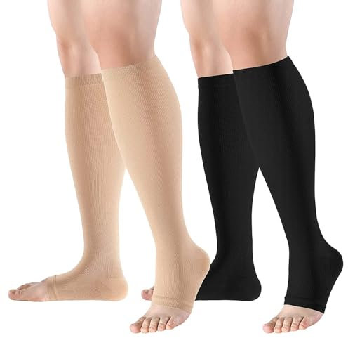 Thoquene 2 Pairs medizinische kompressionsstrümpfe Damen Herren, Graduierte Stützstrümpfe mit Offener Spitze